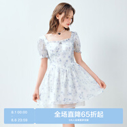 樂町方領(lǐng)淺藍(lán)色流光公主裙度假打卡高腰泡泡袖公主裙 藍(lán)印花（現(xiàn)貨） S