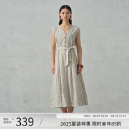 阿依蓮【商場同款】氣質(zhì)條紋連衣裙子女夏季2025新款輕奢V領(lǐng)顯瘦長裙子 奶茶咖 XL