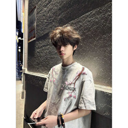 燦圖美式高街花卉印花短袖t恤男夏季純棉寬松五分半袖潮流打底體恤衫 白灰色 M 【建議80-100斤】