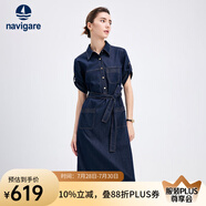 Navigare意大利小帆船女士短袖牛仔連衣裙25夏季新品純棉襯衫裙百搭長裙子 海軍藍 XL