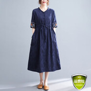 夏季民族風(fēng)棉麻連衣裙女高端收腰刺繡裙寬松顯瘦氣質(zhì)亞麻裙子 藏青色 XL 125-145斤