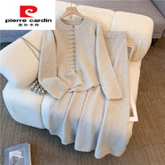 皮爾卡丹（pierre cardin）2026秋季大碼胖mm顯瘦氣質(zhì)新中式盤(pán)扣長(cháng)袖針織衫搭配半身裙兩件套 米白色新款流行上衣/美式高街/小眾不撞款茶里茶氣別致 M 【80-100斤】