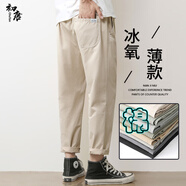 初唐休閑褲子男夏季純棉彈力直筒褲四季款九分褲日系長褲 淺卡其  XL 