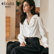 Olrain歐芮兒法式蕾絲襯衫女冬季2024年氣質(zhì)通勤木耳邊領(lǐng)襯衣 米白色 S