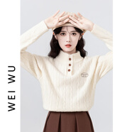 微悟高領(lǐng)加厚毛衣女秋冬新款韓版刺繡立領(lǐng)麻花軟糯針織衫套頭上衣 米白色 S 155/80A