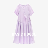 Basic House/百家好短袖圓領(lǐng)不規(guī)則長裙夏季新款清新文藝風(fēng)連衣裙 薰衣草色 L