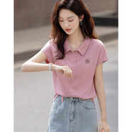 衣品元短袖t恤女2025夏季新款顯瘦polo領(lǐng)正肩休閑小飛袖Polo領(lǐng)花朵刺繡 皮粉色 M （90-105斤）
