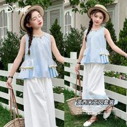 迪士尼女童套裝夏薄女孩波西米亞風(fēng)無(wú)袖t恤闊腿褲套裝TD2ET012 藍白130