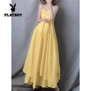 花花公子（PLAYBOY）撿漏文藝森系不規(guī)則大擺吊帶連衣裙超仙女棉亞麻背心長裙子 黃色 XL 【建議130-160斤】