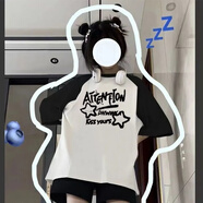 Baldauren大童女裝13到15歲夏季短袖短褲套裝初中高中學(xué)生女孩休閑運(yùn)動(dòng)服潮 kiss雙星#黑拼白T恤 單件 薄款 150 (S) 【建議75-90斤】
