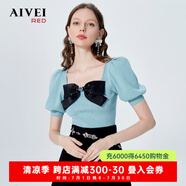 AIVEI欣賀艾薇2022春夏新少女感蝴蝶結(jié)方領(lǐng)鏤空針織衫P0160066 薄荷綠-預(yù)售7天 S -預(yù)售7天