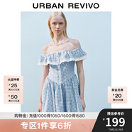 UR2025夏季新款女裝格紋拼接蕾絲一字領(lǐng)連衣裙UYL750043 中藍格子 XS