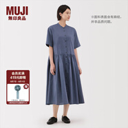 無印良品（MUJI）女式 漢麻 棉 短袖連衣裙 女裝裙子25年夏季寬松透氣長裙BC2MJC5S 煙熏藍色 S （155/80A）