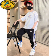 G.duck小黃鴨男童夏裝短袖套裝洋氣9歲休閑運動(dòng)大童九分褲男孩春秋衣服 白色夏季套裝 150 cm