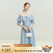 范思藍恩23FS12493 法式一字肩兩穿連衣裙女夏季新款海邊度假長裙 晴空藍 S