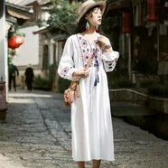 煊陌適合草原拍照的裙子 云南西藏民族風(fēng)白色刺繡花連衣裙松緊腰尼泊 白色 棉麻面料裙長(zhǎng)100左右 2XL 建議130-150斤內(nèi)