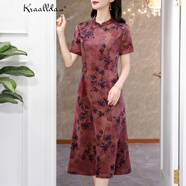 卡搭（kraallda）香云紗連衣裙女新款皮2025夏高端花羅真絲桑蠶絲大碼媽媽裝裙子 紫色 L
