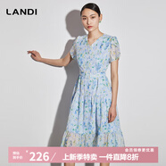 LANDI夏季新款淺藍色印花連衣裙中長(cháng)裙薄款v領(lǐng) 淺藍色 M