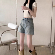 栢啟歆-美式復(fù)古高腰直筒牛仔褲女-顯瘦闊腿熱褲短褲 高腰闊腿短褲【L】