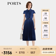 PORTS寶姿女裝春夏新款通勤襯衫領(lǐng)拼接百褶收腰短袖中長連衣裙 丈青-1 XL (10)