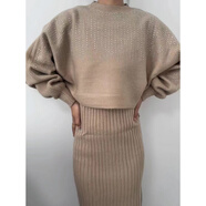 HUALIN FASHION歐美風(fēng)ins針織毛衣女連衣裙兩件套時(shí)尚純色套頭女裝 駝色-釘珠 均碼
