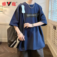 雅鹿港風(fēng)字母短袖男夏季美式高街歐美潮牌T恤設計感小眾潮流痞帥上衣 藏青色 S