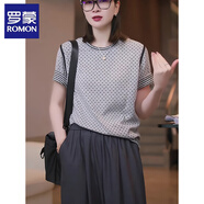 羅蒙（ROMON）簡(jiǎn)約正肩t恤女波點(diǎn)設計感圓領(lǐng)套頭打底衫休閑2025夏季短袖上衣 圖片色 L