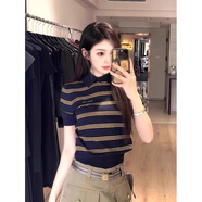 裴客夏季新款系學(xué)院風(fēng)橫條紋撞色polo衫t恤女短袖正肩薄款針織上衣 條紋上衣_版 L _建議55-60公斤