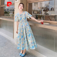 皮爾卡丹法式浪漫唯美泡泡袖碎花連衣裙女2025年夏季超好看捏褶高腰仙女裙 圖片色（面料升級版） L 建議135斤以內