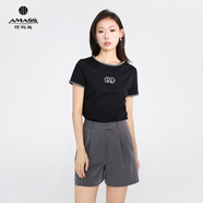 阿瑪施（AMASS）女裝短袖上衣氣質(zhì)休閑立體花邊設計圓領(lǐng)短袖T恤衫夏裝半袖530054 黑色 L （4碼）