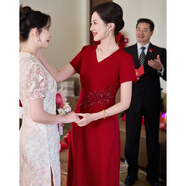 帕絲特媽媽裝夏季喜婆婆婚宴喜慶結婚短袖V領(lǐng)中長(cháng)款婚慶連衣裙 紅色 XL