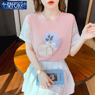 莫代爾夏季蕾絲拼接T恤女裝短袖2025新款白色立體蝴蝶半袖寬松韓版上衣 粉色【蕾絲袖】 M