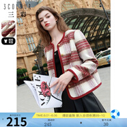 三彩女裝2024冬季新款香風(fēng)毛呢大衣圓領(lǐng)短款復(fù)古格紋外套寬松女 紅咖啡 XL 170/92A