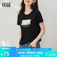 歐莎（OSA）白色短款T恤女士夏季新款衣服短袖印花顯瘦正肩上衣體恤修身 黑色 S