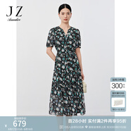 玖姿·安娜蔻輕熟風(fēng)印花雪紡輕薄收腰蛋糕裙連衣裙女2024夏款 花咖啡 L