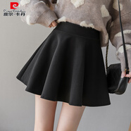 皮爾卡丹（pierre cardin）蓬蓬半身裙女秋季2025年新款PU皮裙高腰A字顯瘦傘裙打底短裙子 黑色毛呢款 S