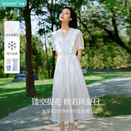 茵曼萊賽爾鏤空蕾絲V領(lǐng)連衣裙夏季女裝百搭木耳邊短袖裙子 云朵白 S 