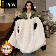 LPOX秋冬簡約外套女加絨加厚寬松加毛外套女連帽保暖遮肉衣 黑色 加絨加厚精品 M 建議90-110斤