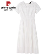 皮爾卡丹（pierre cardin）大碼蕾絲連衣裙女夏裝2025新款白色雪紡大擺百褶裙子飄逸仙氣長(cháng)裙 白色 2XL 120-140斤
