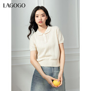LAGOGO甜美娃娃領(lǐng)鏤空短袖針織衫女拉谷谷2025年春夏新款純棉上衣 米黃色 S