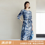 顏域圓領(lǐng)七分袖連衣裙春裝女2024年新款中長(zhǎng)款連身裙時(shí)尚氣質(zhì)裙子 藍(lán)花 2XL