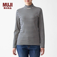 無印良品 MUJI 女式 彈力羅紋編織 條紋半高領(lǐng)T恤 BBN02A0A 米色橫條 M