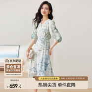 尚都比拉[100%桑蠶絲]夏季短袖真絲連衣裙女高級(jí)感氣質(zhì)印花裙情人節(jié)禮物