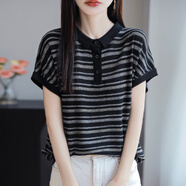 劍名服飾翻領(lǐng)體恤女polo衫羊范萊賽爾復(fù)古條紋針織短袖女士夏季新款洋氣減 翻領(lǐng)短袖 M90-115 均碼