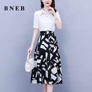 BNEB高端洋氣夏季連衣裙女2025新款收腰顯瘦印花拼接假兩件中長款裙子 白色 【精品連衣裙】 3XL 建議（145-160斤）