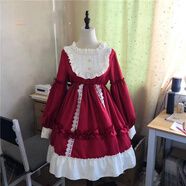 閃動(dòng)少女（SHANDONGSHAONV）洛麗塔裙子全套女2020新款Lolita公主裙學(xué)生洋裝連衣裙OP長袖正新 酒紅色(胸上有酒紅色織帶) 均碼