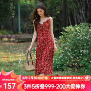 Olrain【七夕】歐芮兒吊帶碎花連衣裙夏季女裝浪漫優(yōu)雅長裙子度假沙灘裙 紅色印花 L