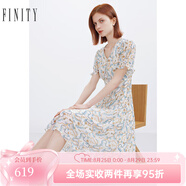 菲妮迪品牌連衣裙夏季新款簡約氣質(zhì)印花度假風(fēng)荷葉袖V領(lǐng)A字裙 白底印花 L