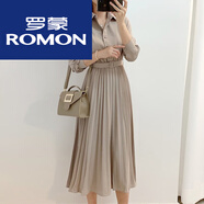 羅蒙連衣裙女2025年春秋新款優(yōu)雅單排扣收腰顯瘦中長款翻領(lǐng)襯衫百褶裙 杏色 XL