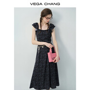 VEGA CHANG碎花連衣裙女2025新款夏季方領(lǐng)荷葉邊碎花鏤空收腰長(cháng)裙 幽夜黑 S